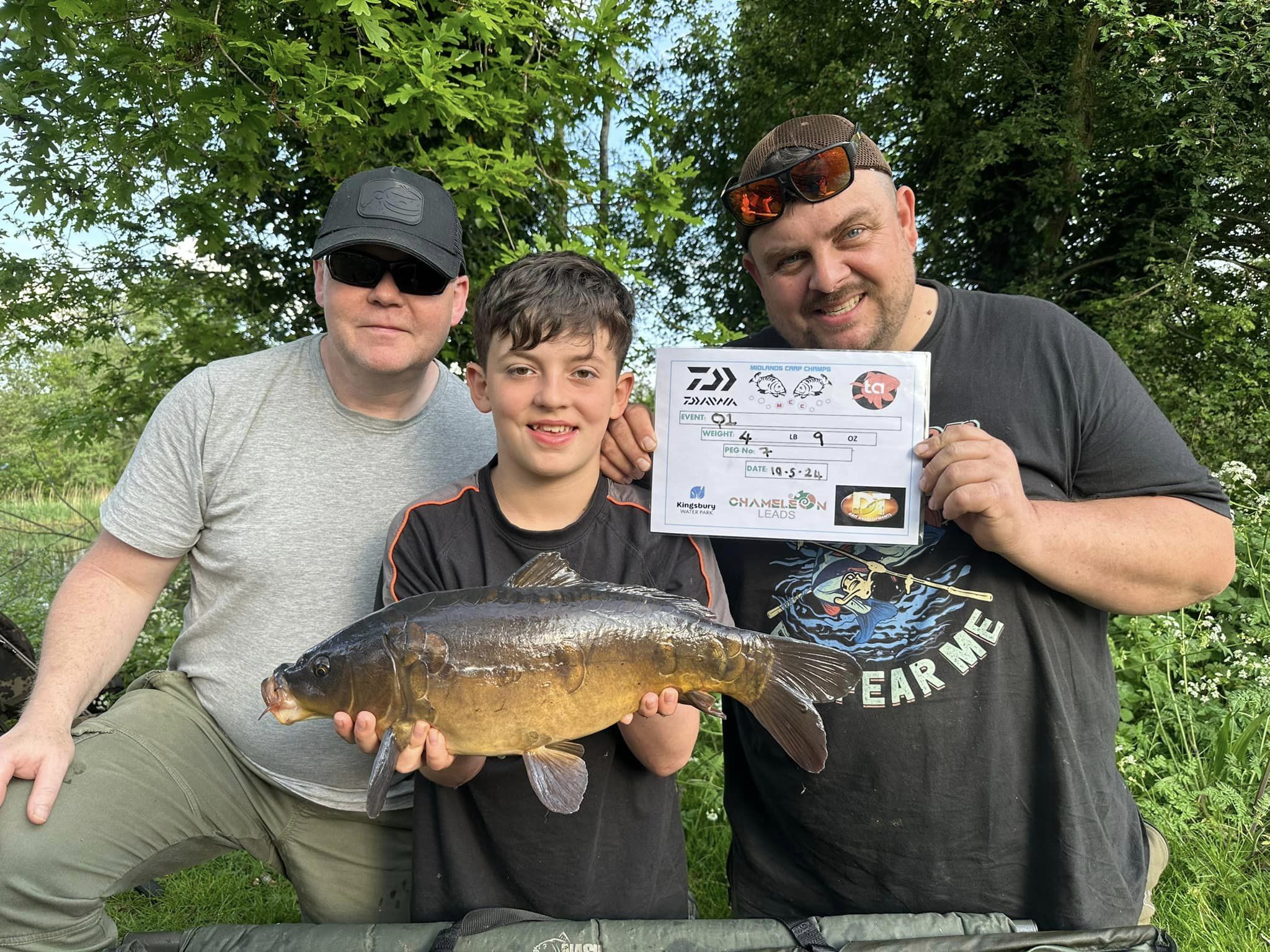 Two men and a boy with fish