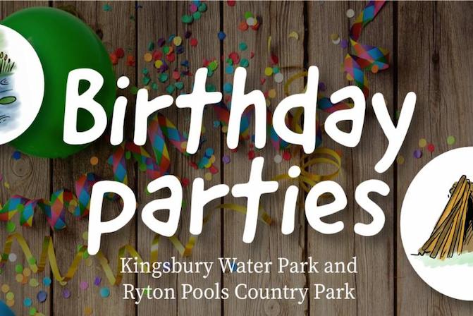 Promotional image for birthday parties at County Parks - white text on a background that looks like a park bench with birthday cake on it.