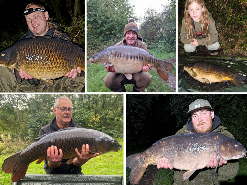 A group of images from the Phoenix Heroes fishing event at Kingsbury Water Park. It features 5 individuals each holding impressively sized fish.